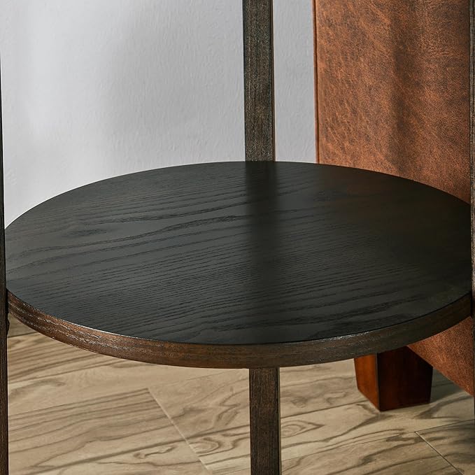 PADMA HOUSE 19.3" Round Wood End Table, 2-Tier Solid Wood Rounded Accent Side Table Circle Nightstand Table with Storage Shelf Vintage Furniture for Home Living Room Bedroom,Black Brown 3338BK