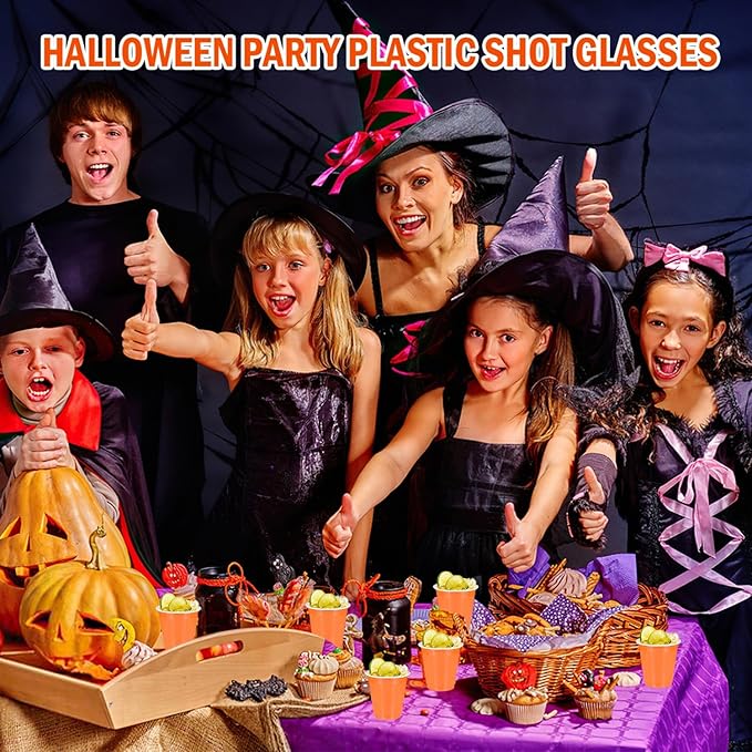 100 Pack 2 oz Plastic Shot Glasses Disposable Shot Cups, Mini 2oz Party Cups for Halloween, Birthday, Wedding, Bachelorette Party, Baby Shower Supplies (Orange)
