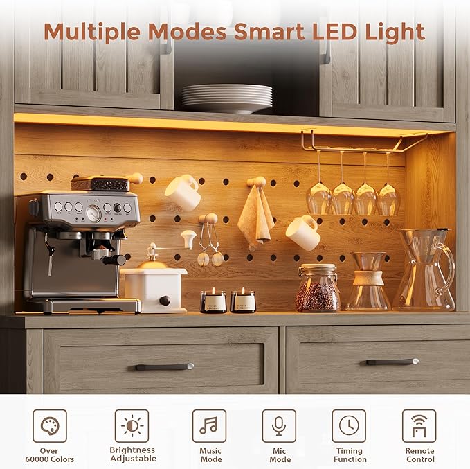 72" Coffee Bar Cabinet with Power Outlet & LED Light, Farmhouse Large Kitchen Hutch with Sliding Barn Door, Tall Bar Cabinets with Storage Drawers & Wine Glass Rack,Pantry China Cabinet for Home,Grey