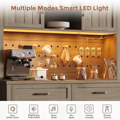 72" Coffee Bar Cabinet with Power Outlet & LED Light, Farmhouse Large Kitchen Hutch with Sliding Barn Door, Tall Bar Cabinets with Storage Drawers & Wine Glass Rack,Pantry China Cabinet for Home,Grey