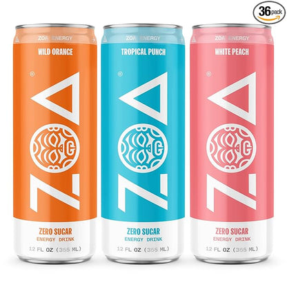 ZOA Zero Sugar Energy Drinks, Tropical Taste Pack - Sugar Free with Electrolytes, Healthy Vitamin C, Amino Acids, Essential B-Vitamins, and Caffeine from Green Tea - 12 Fl Oz (Pack Of 36)