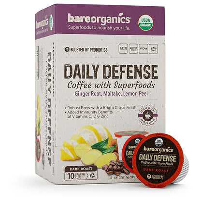 Daily Defense Organic Coffee Pods – Coffee with Maitake, Ginger Root, Lemon Peel & Superfoods – Healthy Mold Free Probiotic beverage, Vegan, Gluten Free - 10 Recyclable Single Serve K-Cups