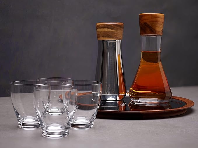 nambe Vie Decanter | Glass Wine Decanter Bottle for Bourbon, Brandy, Juice, and Liquor with Wood Stopper | Made of Glass and Acacia Wood | 10-Inch | Dishwasher Safe | Designed by Chris Granneberg