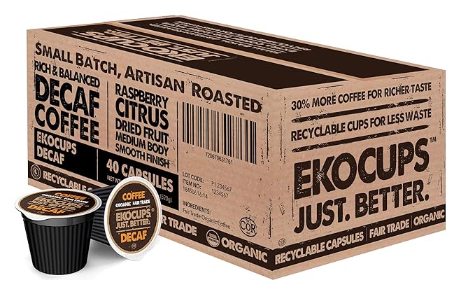 EKOCUPS Organic Swiss Water Decaf Medium Roast Coffee Pods, 30% More Coffee Per Cup, Fair Trade Decaffeinated Coffee for Keurig K Cup Machines, Recyclable Pods, 40 Count