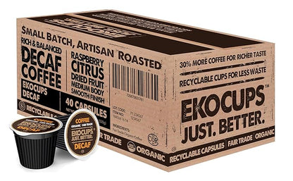 EKOCUPS Organic Swiss Water Decaf Medium Roast Coffee Pods, 30% More Coffee Per Cup, Fair Trade Decaffeinated Coffee for Keurig K Cup Machines, Recyclable Pods, 40 Count