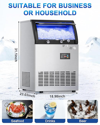 Commercial Gourmet Ice Maker, 120Lbs/24H Spray Ice Machine with 55Lbs Storage, Self-Cleaning & Adjustable Ice Thickness, Stainless Steel Freestanding Under Counter for Crystal Clear Nugget Ice Making