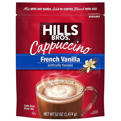 Hills Bros. Cappuccino Mix – Rich, Frothy Coffeehouse-Tasting Instant Drink Mix – Quick and Easy Preparation – Perfect for Hot & Iced Drinks & Creaming Coffee – French Vanilla, 1 Pack of 52oz