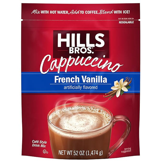 Hills Bros. Cappuccino Mix – Rich, Frothy Coffeehouse-Tasting Instant Drink Mix – Quick and Easy Preparation – Perfect for Hot & Iced Drinks & Creaming Coffee – French Vanilla, 1 Pack of 52oz