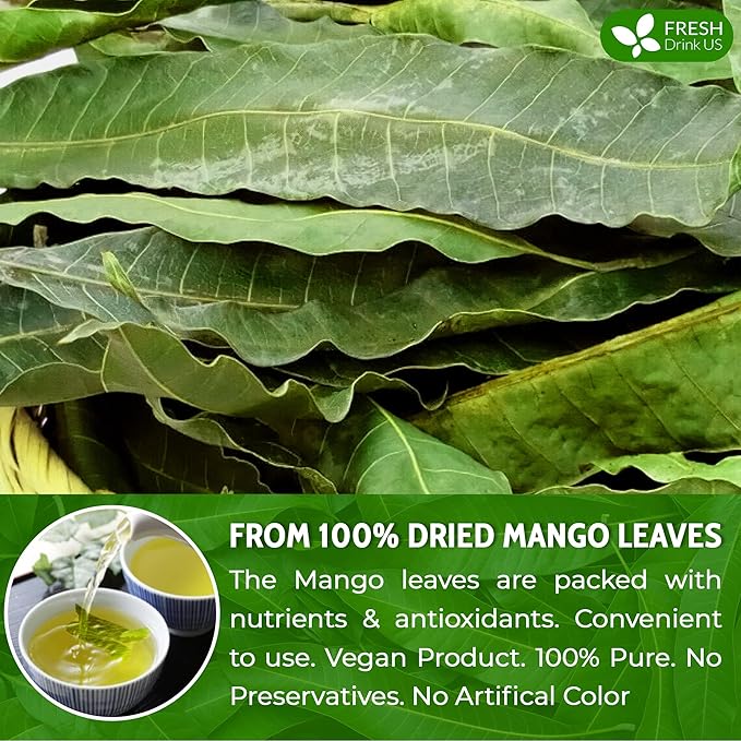 FreshDrinkUS, Premium 140+ Mango Whole Leaves Dried, 100% Natural & Pure from Dried Mango Leaves Tea, No Additives, No Caffeine, Vegan