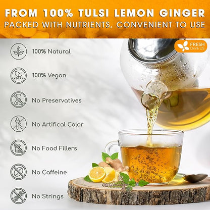 FreshDrinkUS, Premium 135 Tulsi Lemon Ginger Tea Bags, 100% Natural & Pure from Tulsi Holy Basil Leaves, Lemon and Ginger. Made with Natural Material Tea Bags. No Sugar, No Caffeine, Vegan.