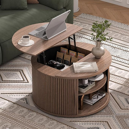 Lift Top Coffee Table,31.5” Mid Century Modern Center Table with Hidden Storage,Round Fluted Coffee Tables for Living Room, Home Office,Walnut