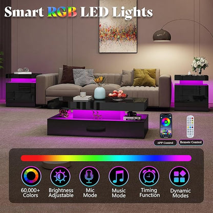AMERLIFE High Gloss LED Coffee Table, Modern 2-Tier Center Table with LED Lights, Open Storage Space, 40in Simple Rectangular Sofa Side Table for Living Room, Black