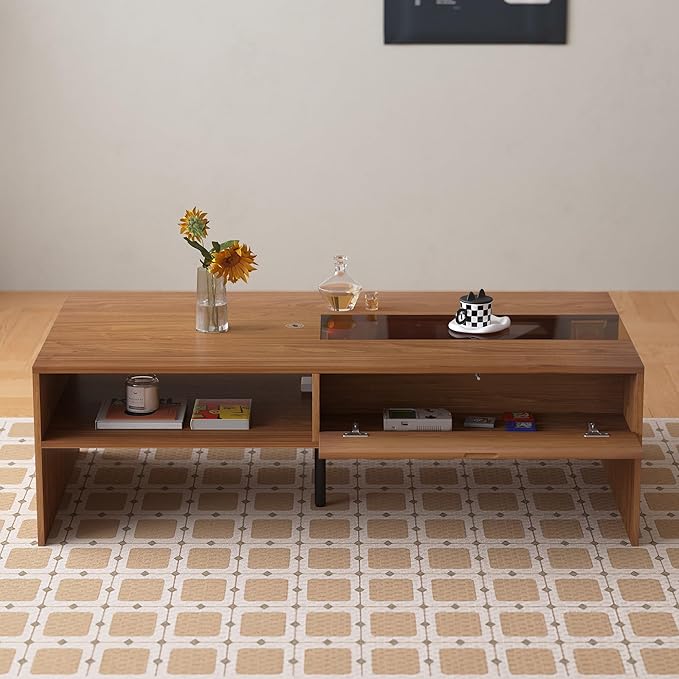 Coffee Table with LED Lights, 51" Modern Rectangular Living Room Center Table with Storage Shelves & Hidden Compartment, Stylish Tea Table for Apartment, Home, Office