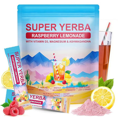 Super Yerba, Yerba Mate Instant Tea Powder, Super Yerba for Reduce Brain Fod, Clean Energy & Focus Boost, Gut Support, Antioxidants, Raspberry Lemonade Flavor, 30 Servings