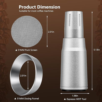 WDT Tool Espresso Distributor Accessory kit &1.7mm Thickness 150μm Mesh Puck Screen & 8 Magnets dosing ring Compatible with Breville Portafilter (WDT +51MM silver dosing ring&puck screen)