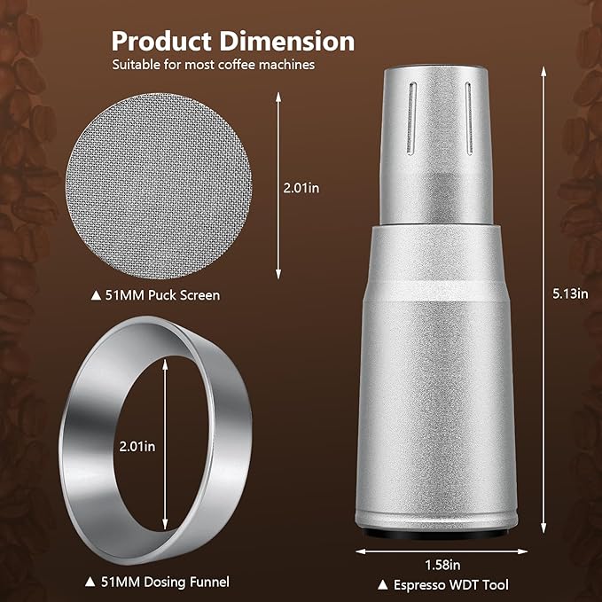WDT Tool Espresso Distributor Accessory kit &1.7mm Thickness 150μm Mesh Puck Screen & 8 Magnets dosing ring Compatible with Breville Portafilter (WDT +51MM silver dosing ring&puck screen)