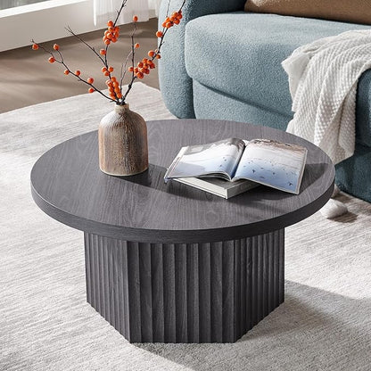 SICOTAS Round Coffee Table for Living Room, Mid Century Modern Fluted Center Coffee Table with Storage, 32" Circle Accent Tea Dining Table for Apartment, Dark Grey Alder
