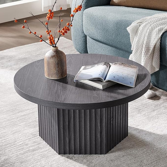 SICOTAS Round Coffee Table for Living Room, Mid Century Modern Fluted Center Coffee Table with Storage, 32" Circle Accent Tea Dining Table for Apartment, Dark Grey Alder