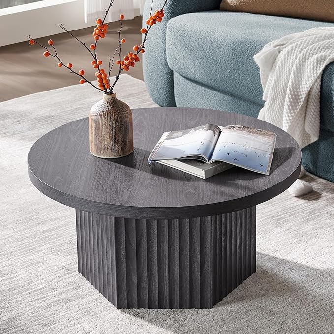 SICOTAS Round Coffee Table for Living Room, Mid Century Modern Fluted Center Coffee Table with Storage, 32" Circle Accent Tea Dining Table for Apartment, Dark Grey Alder