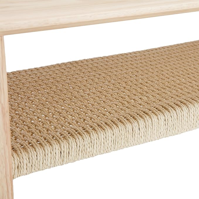 Kmax Coffee Table with Storage, Farmhouse Wood Living Room Tables Rectangular Center Table with Rope Woven/Rattan Storage Shelf for Living Room Reception - Natural Color