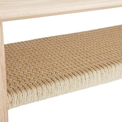 Kmax Coffee Table with Storage, Farmhouse Wood Living Room Tables Rectangular Center Table with Rope Woven/Rattan Storage Shelf for Living Room Reception - Natural Color