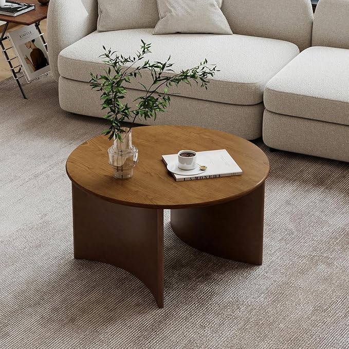 31.5″ Round Coffee Table, Walnut Circle Coffee Table with Curved Base, Solid Wood, Ideal for Living Room, Apartment, Compact Place
