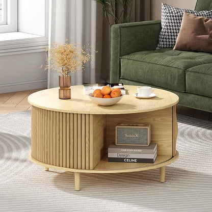 Round Coffee Table with Storage,31.5" Mid Century Modern Coffee Table with Hidden Compartment,Fluted Center Table for Living Room,Home Small Space,Oak