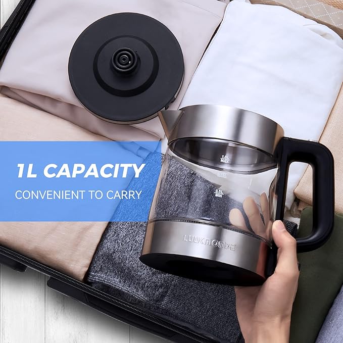 LUUKMONDE Electric Kettle, 1L 1500W, Small Glass Tea Kettle, Hot Water Boiler with LED Indicator, Cordless Water Heater Kettle, BPA-Free, Fast Boiling, Auto Shut-Off, Boil-Dry Protection