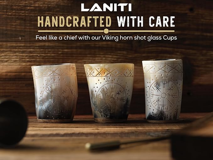 Ox Horn Shot Glass Set of 4 – Handcrafted Viking Cups with Unique Engraved Design – Cool Norse Horn Shot Glasses for Ancient Age Whiskey, Mead & Spirits – Rustic Gift for Men, Barware Collection