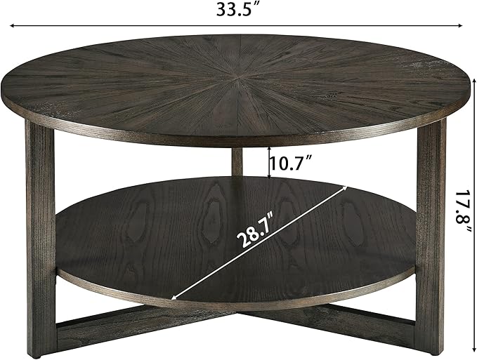 PADMA HOUSE 33.5" Round Wood Coffee Table, 2-Tier Solid Wood Rounded Circle Accent Coffee Table Center Cocktail Table Vintage Furniture for Home Living Room Bedroom,Black Brown 3338BK