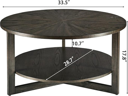 PADMA HOUSE 33.5" Round Wood Coffee Table, 2-Tier Solid Wood Rounded Circle Accent Coffee Table Center Cocktail Table Vintage Furniture for Home Living Room Bedroom,Black Brown 3338BK
