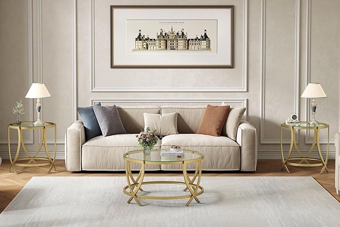 ASYA Round Coffee Table for Living Room, Gold Coffee Table with Tempered Glass & Metal Frame, Modern Glass Living Table for Home&Office