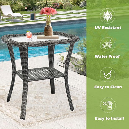 Wicker Side Table Outdoor, Patio Rattan Side Table with Glass Top and Storage Shelf, 23’’Tall Wicker Coffee Table for Yard, Deck, Garden
