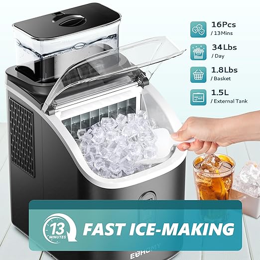EUHOMY Ice Cube Maker Machine Countertop with External Water Tank, 34Lbs, 16Pcs Ready in 13 Mins, 2 Ways to Add Water, Auto-Cleaning, with Ice Scoop & Basket, for Home/Kitchen/Office/Bar (Black)