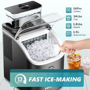 EUHOMY Ice Cube Maker Machine Countertop with External Water Tank, 34Lbs, 16Pcs Ready in 13 Mins, 2 Ways to Add Water, Auto-Cleaning, with Ice Scoop & Basket, for Home/Kitchen/Office/Bar (Black)