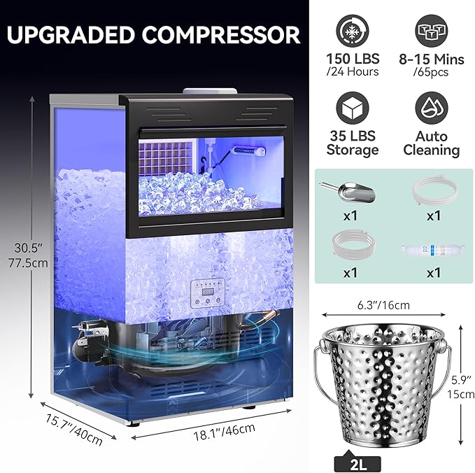 YITAHOME 2 Way Water Inlet Commercial Ice Maker Machine 150LBS/24H, 33LBS Storage Bin, Tap Water & Top Loading 3-5 Gallon Freestanding Ice Maker with Stainless Steel Ice Scoop Ice Bucket