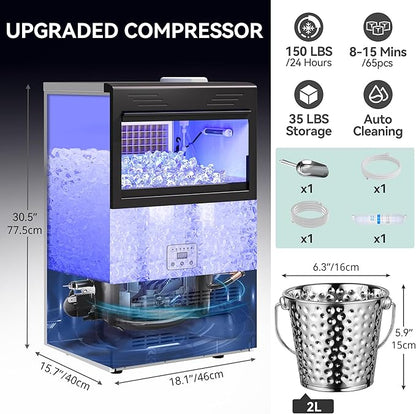 YITAHOME 2 Way Water Inlet Commercial Ice Maker Machine 150LBS/24H, 33LBS Storage Bin, Tap Water & Top Loading 3-5 Gallon Freestanding Ice Maker with Stainless Steel Ice Scoop Ice Bucket
