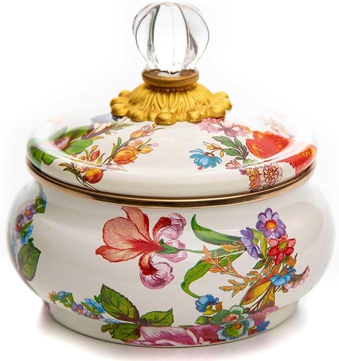 MACKENZIE-CHILDS Enamel Squashed Pot, Cute Enameled Container with Lid, 20 Ounces, White Flower Market