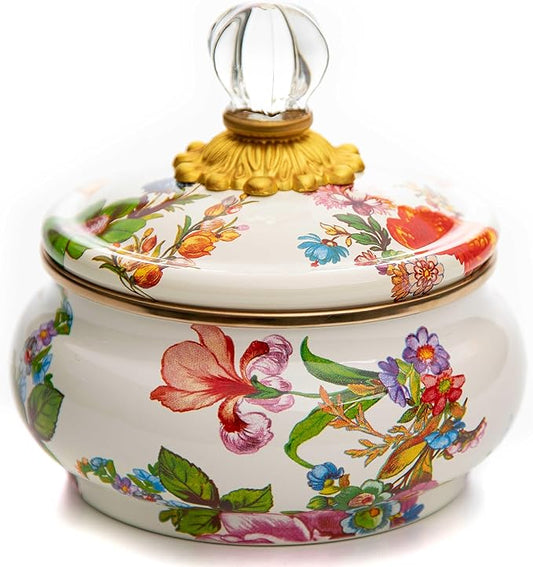 MACKENZIE-CHILDS Enamel Squashed Pot, Cute Enameled Container with Lid, 20 Ounces, White Flower Market