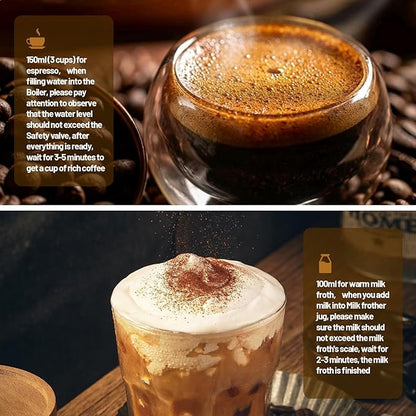 Electric Espresso Machine with Milk Frother 2 in 1 Efficient Moka Pot Coffee Maker with Milkfroth Aluminum One-Touch Operation for Effortless Cappuccinos Lattes Macchiatos Black