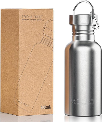 TRIPLE TREE 17 OZ Uninsulated Single Walled Stainless Steel Sports Water Bottle 18/8 Food Grade for Cyclists, Runners, Hikers, Beach Goers, Picnics, Camping - BPA Free