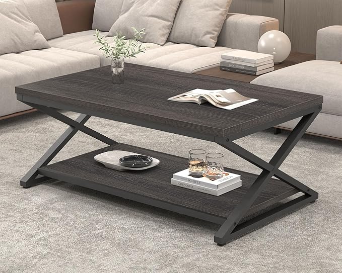 HSH Gray Coffee Table for Living Room, Minimalist Rectangle Center Table with Storage Shelf，Industrial Dark Wood and Metal Cocktail Tea Table, Office Simple 2 Tier Display Coffee Table, 47 Inch