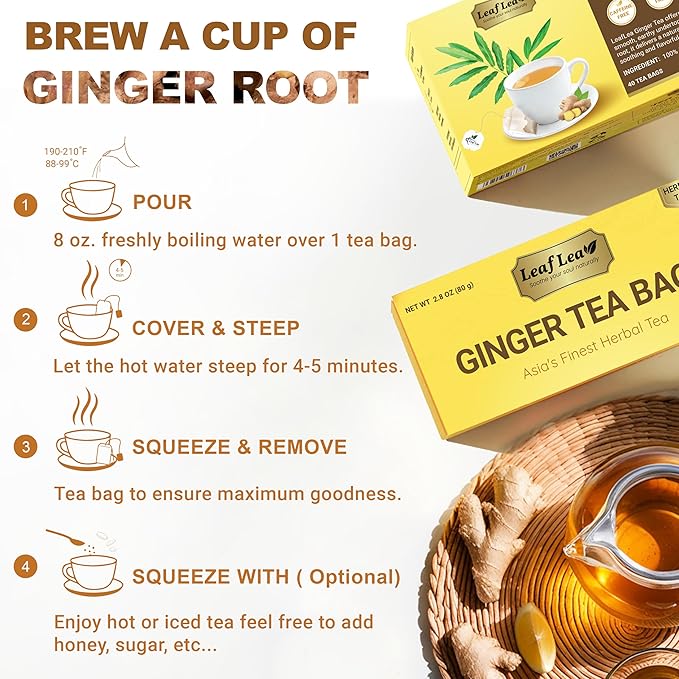 LeafLea 100% Pure Ginger Root Tea Bags – Spicy & Warming Herbal Tea, Supports Digestion & Immune Health, Individually Wrapped, Non-GMO, Caffeine Free, Sugar Free, No Gluten