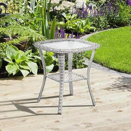 Patio Wicker Side Table, Outdoor PE Rattan End Table with 5mm Tempered Glass Top and 2-Tier Storage Shelf, 20" Square Coffee Table for Deck Porch Garden Backyard-Light Grey