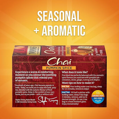 Twinings Pumpkin Spice Chai Black Tea Individually Wrapped Bags, 20 Count (Pack of 1), Warm, Spicy & Aromatic, Caffeinated, Enjoy Hot or Iced, 20 Teabags