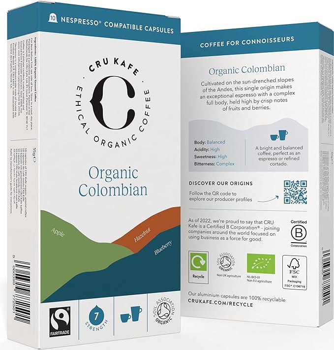 Cru Kafe Colombian USDA Organic Espresso Coffee Capsules (50 Pods) Fairtrade Coffee Pods Compatible with Nespresso Original Line and Pixie Machines
