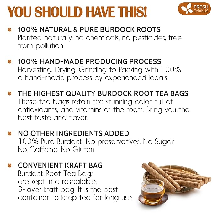 FreshDrinkUS, Premium 75 Burdock Root Tea Bags, 100% Natural & Pure from Burdock Root. Made with Natural Material Tea Bags. No Sugar, No Caffeine, No Gluten, Vegan.