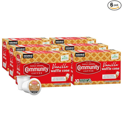 Community Coffee Vanilla Waffle Cone 60 Count Coffee Pods, Ice Cream Flavored, Compatible with Keurig 2.0 K-Cup Brewers, 10 Count (Pack of 6)