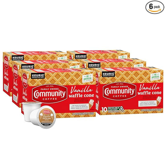 Community Coffee Vanilla Waffle Cone 60 Count Coffee Pods, Ice Cream Flavored, Compatible with Keurig 2.0 K-Cup Brewers, 10 Count (Pack of 6)