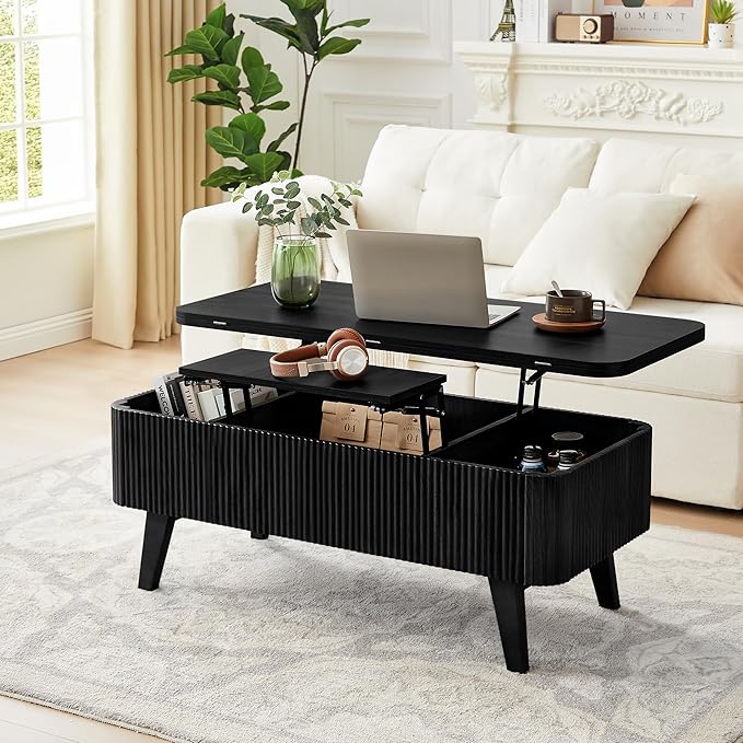 3 in 1 Lift Top Coffee Table, Fluted Convertible Coffee Tables Converts to Dining Tables, Modern Oval Wooden Center Table with Storage for Living Room Office Small Space, Partial Assembly (Black)